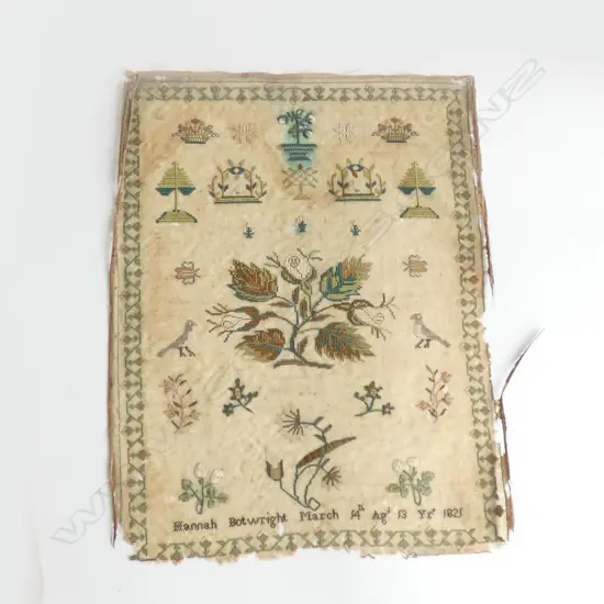 A fragile antique unframed sampler by Hannah Botwright, 1821. 340 x 420mm